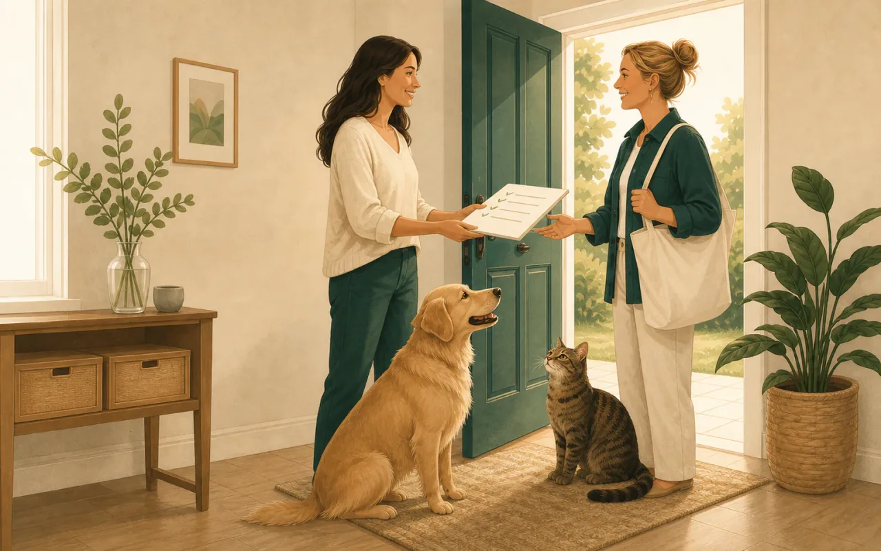 An owner handing a clear checklist to a trusted sitter at home, with a relaxed dog and cat nearby